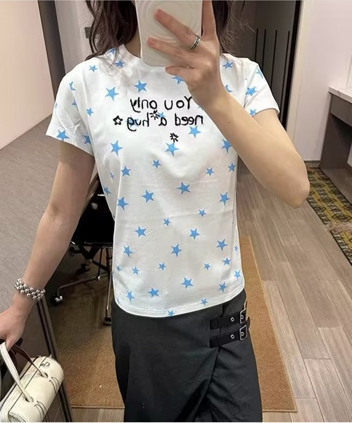 AsheKsha(アシクシャ)の「韓国系スイートガール スター文字プリント スリムフィット半袖Tシャツ(Tシャツ/カットソー・レディース・ホワイト・M)」の19枚目の写真