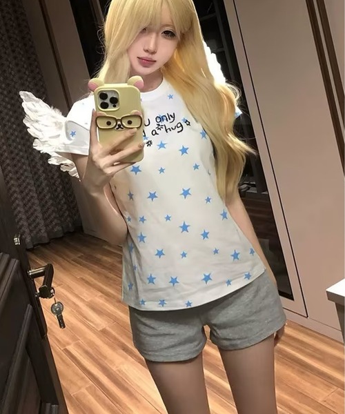 AsheKsha(アシクシャ)の「韓国系スイートガール スター文字プリント スリムフィット半袖Tシャツ(Tシャツ/カットソー・レディース・ホワイト・M)」の21枚目の写真