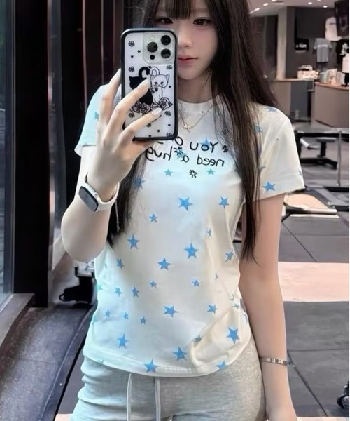 AsheKsha(アシクシャ)の「韓国系スイートガール スター文字プリント スリムフィット半袖Tシャツ(Tシャツ/カットソー・レディース・ホワイト・M)」の22枚目の写真