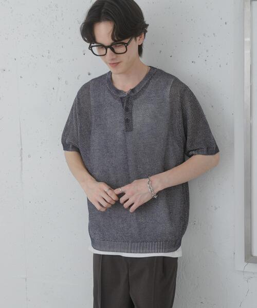 SENSE OF PLACE by URBAN RESEARCH（センスオブプレイスバイアーバンリサーチ）の「『洗濯可』リネンタッチメッシュヘンリーニット（ニット/セーター・メンズ・ブラウン/ブラック/ネイビー/ミント・LARGE/MEDIUM）」の4枚目の写真