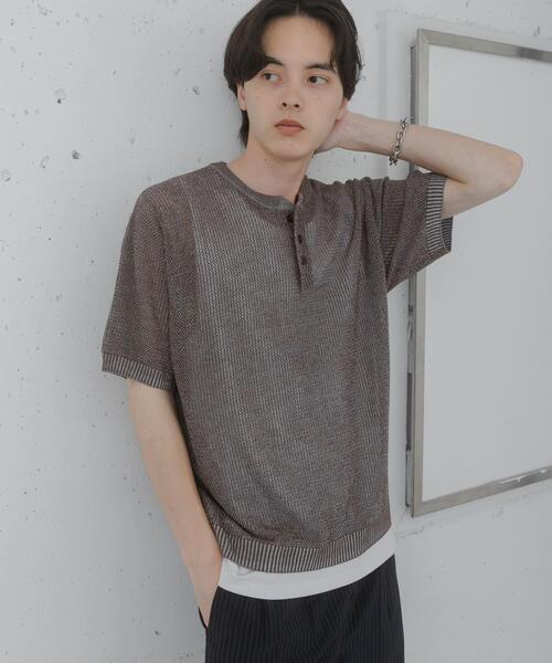 SENSE OF PLACE by URBAN RESEARCH（センスオブプレイスバイアーバンリサーチ）の「『洗濯可』リネンタッチメッシュヘンリーニット（ニット/セーター・メンズ・ブラウン/ブラック/ネイビー/ミント・LARGE/MEDIUM）」の3枚目の写真