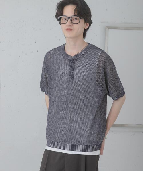 SENSE OF PLACE by URBAN RESEARCH（センスオブプレイスバイアーバンリサーチ）の「『洗濯可』リネンタッチメッシュヘンリーニット（ニット/セーター・メンズ・ブラウン/ブラック/ネイビー/ミント・LARGE/MEDIUM）」の7枚目の写真