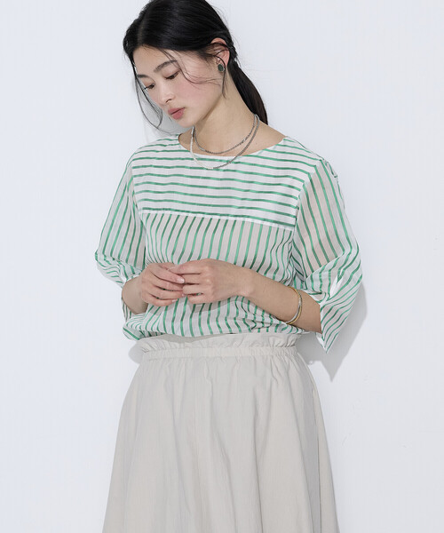 K.T KIYOKO TAKASE(キヨコタカセ)の「〔 TALLサイズ 〕 コットンシルク シアーストライププルオーバー(シャツ/ブラウス・レディース・ホワイト×グリーン/ホワイト×ブルー・15号)」の15枚目の写真