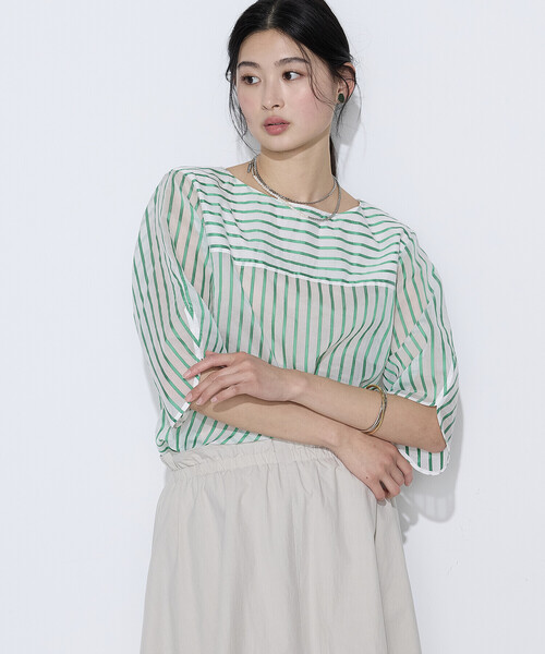 K.T KIYOKO TAKASE(キヨコタカセ)の「〔 TALLサイズ 〕 コットンシルク シアーストライププルオーバー(シャツ/ブラウス・レディース・ホワイト×グリーン/ホワイト×ブルー・15号)」の14枚目の写真