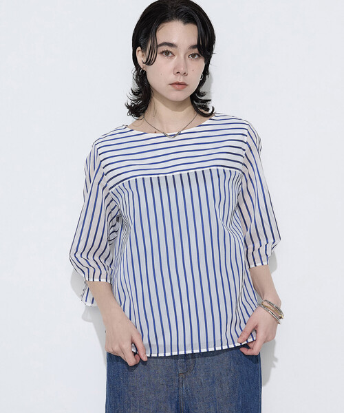 K.T KIYOKO TAKASE(キヨコタカセ)の「〔 TALLサイズ 〕 コットンシルク シアーストライププルオーバー(シャツ/ブラウス・レディース・ホワイト×グリーン/ホワイト×ブルー・15号)」の10枚目の写真