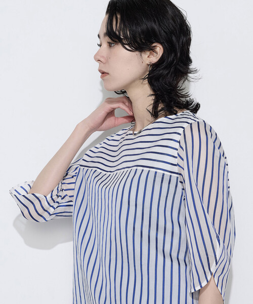 K.T KIYOKO TAKASE(キヨコタカセ)の「〔 TALLサイズ 〕 コットンシルク シアーストライププルオーバー(シャツ/ブラウス・レディース・ホワイト×グリーン/ホワイト×ブルー・15号)」の9枚目の写真