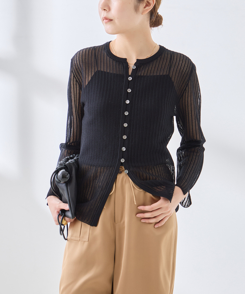 journal standard L'essage(ジャーナルスタンダードレサージュ)の「スカシハリヌキカーディガン(カーディガン/ボレロ・レディース・ブラック/ホワイト・FREE)」の1枚目の写真