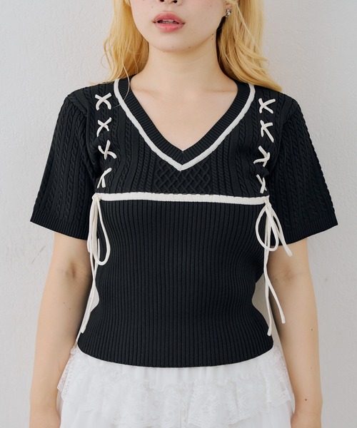 continuer de NICE CLAUP(コンティニューデナイスクラップ)の「レースアップニット半袖トップス(Tシャツ/カットソー・レディース・アイボリー/ピンク/ブラウン/ブラック・FREE)」の17枚目の写真