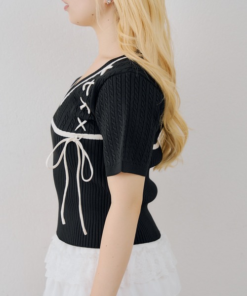 continuer de NICE CLAUP(コンティニューデナイスクラップ)の「レースアップニット半袖トップス(Tシャツ/カットソー・レディース・アイボリー/ピンク/ブラウン/ブラック・FREE)」の18枚目の写真
