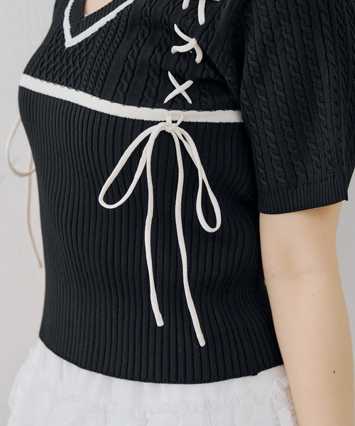 continuer de NICE CLAUP(コンティニューデナイスクラップ)の「レースアップニット半袖トップス(Tシャツ/カットソー・レディース・アイボリー/ピンク/ブラウン/ブラック・FREE)」の12枚目の写真