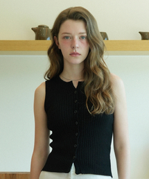 Summer Round Ribbed Button Knit Sleeveless (Black)