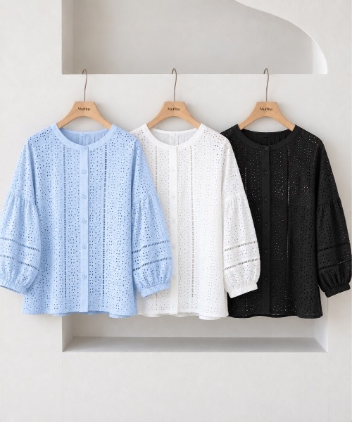 Muffiny（マフィニー）の「アイレットレースボリュームスリーブブラウス【Indian Cotton】（シャツ/ブラウス・レディース・サックスブルー/オフホワイト・MEDIUM）」の15枚目の写真