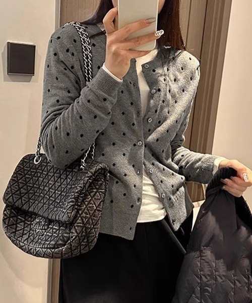 Miniministore(ミニミニストア)の「ドット柄クルーネックニットカーディガン秋(カーディガン/ボレロ・レディース・グレー/ブラック・FREE)」の1枚目の写真