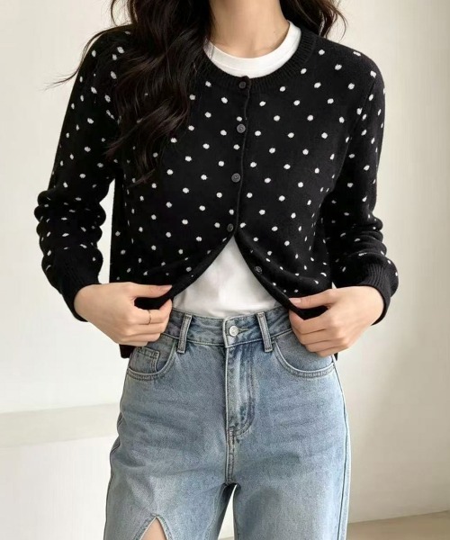 Miniministore(ミニミニストア)の「ドット柄クルーネックニットカーディガン秋(カーディガン/ボレロ・レディース・グレー/ブラック・FREE)」の13枚目の写真