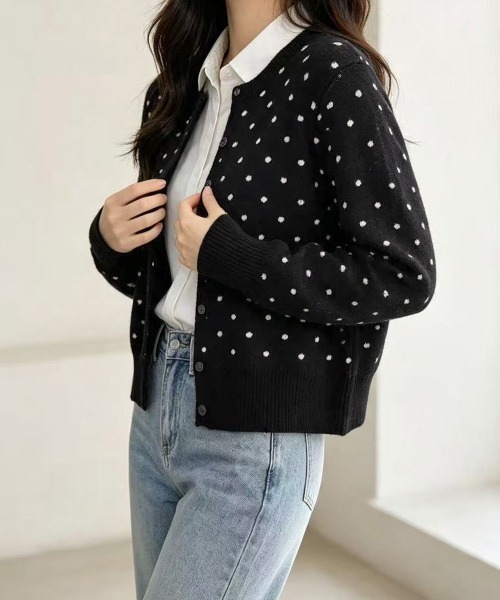 Miniministore(ミニミニストア)の「ドット柄クルーネックニットカーディガン秋(カーディガン/ボレロ・レディース・グレー/ブラック・FREE)」の14枚目の写真