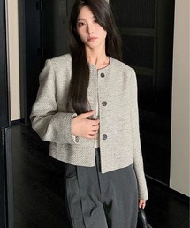 【きれいめ】ノーカラーショートジャケット 前ボタン 長袖アウター レディース