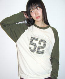 52 チェックアップリケ ラグラン長袖Tシャツ クリーム