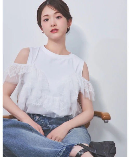 LANTINAM（ランティナム）の「チュールレースドッキングカットソー／フリルデザイン × 2WAY（Tシャツ/カットソー・レディース・ブラウン/ホワイト/ブラック・FREE）」の2枚目の写真
