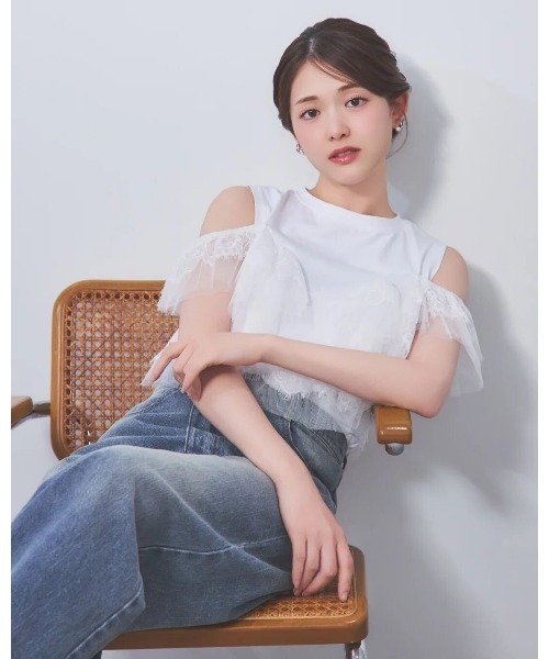 LANTINAM（ランティナム）の「チュールレースドッキングカットソー／フリルデザイン × 2WAY（Tシャツ/カットソー・レディース・ブラウン/ホワイト/ブラック・FREE）」の5枚目の写真