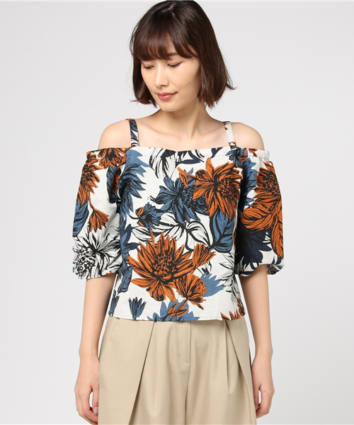 SpRay（スプレイ）の「リゾート柄５分袖オフショル（シャツ/ブラウス・レディース・カーキ/オフホワイト/ネイビー・FREE）」の14枚目の写真