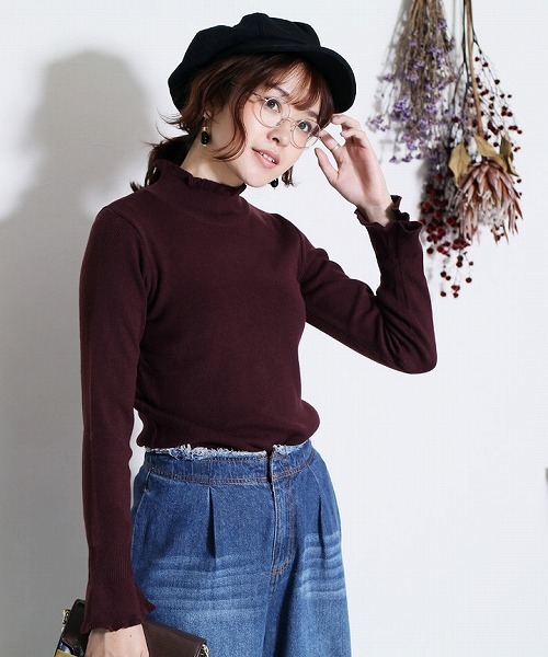reca(レカ)の「フリル無地リブハイネックニット(ニット/セーター・レディース・ブラック/ダークグリーン/ボルドー・FREE)」の3枚目の写真