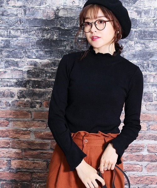 reca(レカ)の「フリル無地リブハイネックニット(ニット/セーター・レディース・ブラック/ダークグリーン/ボルドー・FREE)」の2枚目の写真