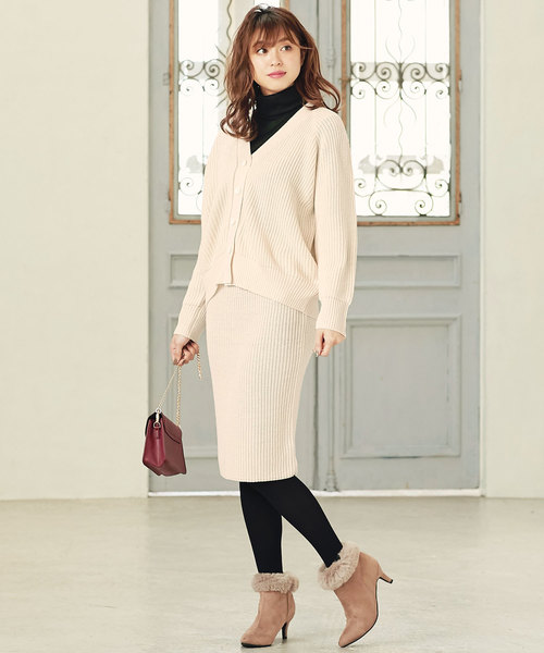 セール】【上下2SET】Vネックニットカーディガン＆ニットタイト