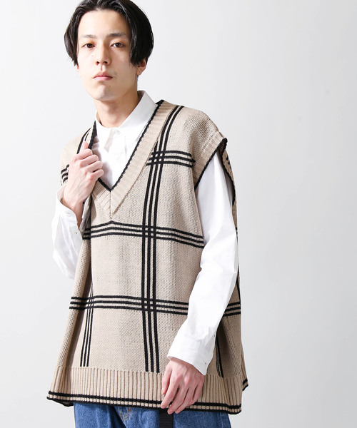 WEGO（ウィゴー）の「WEGO/チェックジャガードベスト（ベスト・メンズ・ベージュ系その他2/ブルー系その他2・MEDIUM/LARGE）」の2枚目の写真
