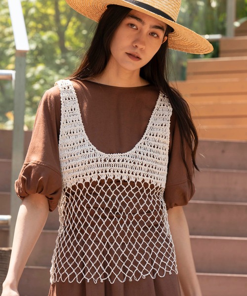 MAISON SPECIAL(メゾンスペシャル)の「ペーパーヤーンカギ編みトップス【MAISON SPECIAL/メゾンスペシャル】(タンクトップ・レディース・ホワイト/ブラック・FREE)」の2枚目の写真