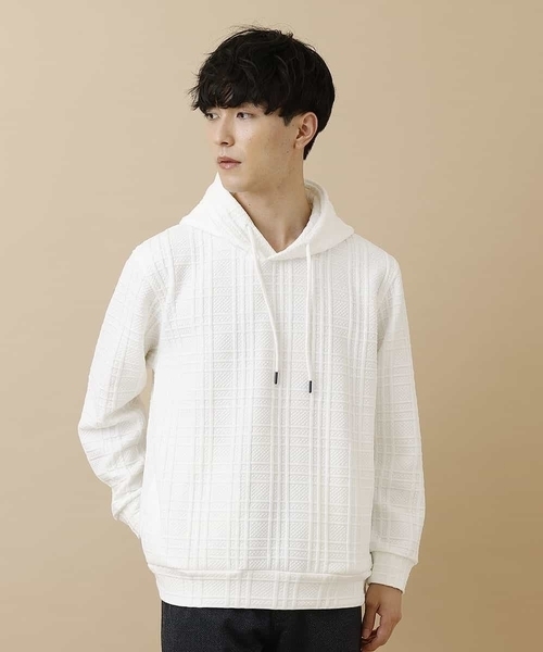 MK MICHEL KLEIN HOMME （エムケーミッシェルクランオム）の「【ワンマイルウェア】フクレチェックプルパーカー（パーカー・メンズ・ホワイト/ブラック/オレンジ・X-LARGE/MEDIUM/LARGE/51/46/48）」の4枚目の写真