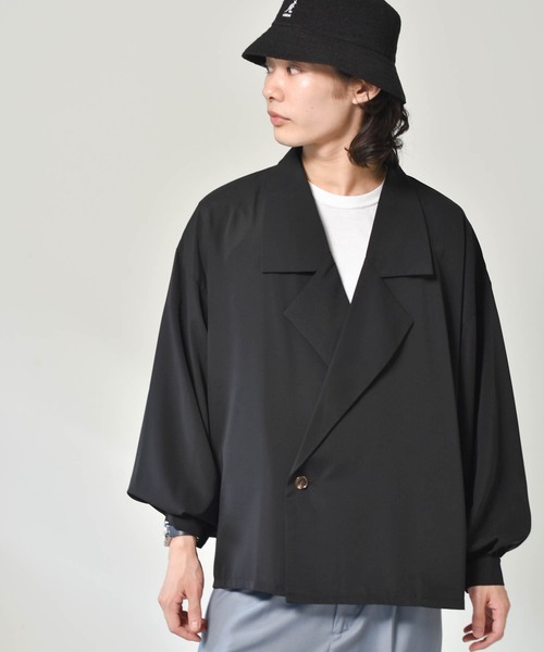 Starting Over（スターティングオーバー）の「ビッグシルエットPUラペルシャツジャケット（テーラードジャケット・メンズ・パープル/グリーン/グレイッシュベージュ/ブラック・M/L）」の2枚目の写真