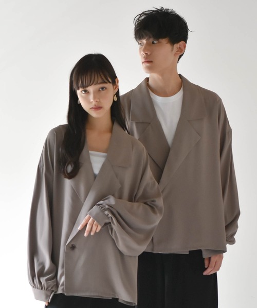 Starting Over（スターティングオーバー）の「ビッグシルエットPUラペルシャツジャケット（テーラードジャケット・メンズ・パープル/グリーン/グレイッシュベージュ/ブラック・M/L）」の5枚目の写真