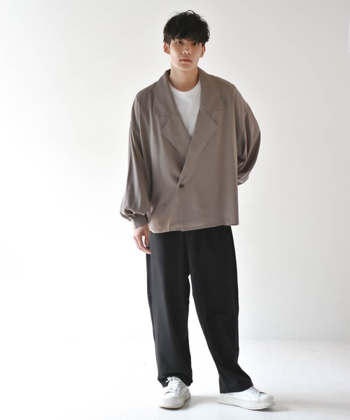 Starting Over（スターティングオーバー）の「ビッグシルエットPUラペルシャツジャケット（テーラードジャケット・メンズ・パープル/グリーン/グレイッシュベージュ/ブラック・M/L）」の10枚目の写真