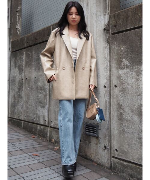 EVRIS（エヴリス）の「レザーライクルーズジャケット（テーラードジャケット・レディース・ブラック/ベージュ・FREE）」の5枚目の写真