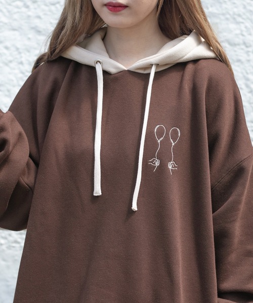 PairPair（ペアペア）の「裏起毛配色フーディー(ユニセックス)（パーカー・レディース・オートミール/ブラウン/グレイッシュブルー・FREE）」の10枚目の写真