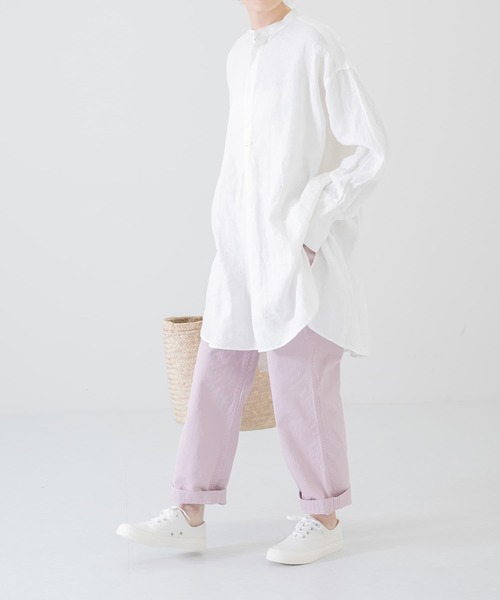 かぐれMITTAN ホワイト ノーカラーシャツチュニック丈