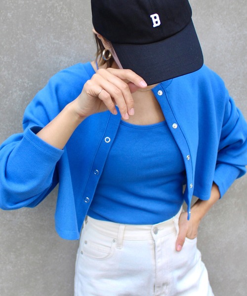 MLI'A(エムリア)の「スナップボタン/リブカーディガン(セットアップ対応)(カーディガン/ボレロ・レディース・ブラック/グリーン/オレンジ/ブルー/アイボリー/ホワイト×ネイビー・M)」の5枚目の写真