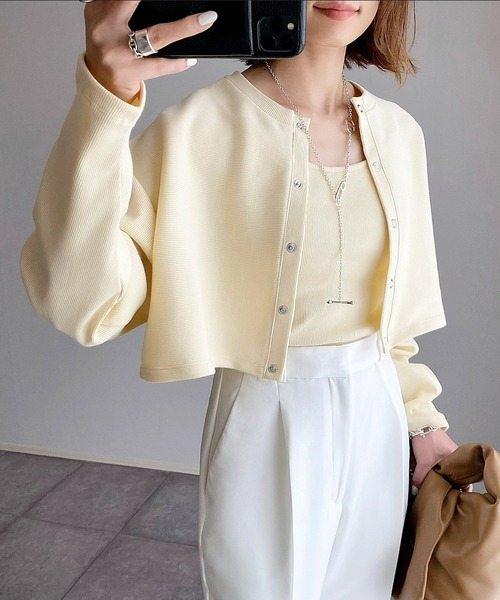 MLI'A(エムリア)の「スナップボタン/リブカーディガン(セットアップ対応)(カーディガン/ボレロ・レディース・ブラック/グリーン/オレンジ/ブルー/アイボリー/ホワイト×ネイビー・M)」の1枚目の写真