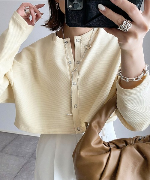 MLI'A(エムリア)の「スナップボタン/リブカーディガン(セットアップ対応)(カーディガン/ボレロ・レディース・ブラック/グリーン/オレンジ/ブルー/アイボリー/ホワイト×ネイビー・M)」の8枚目の写真