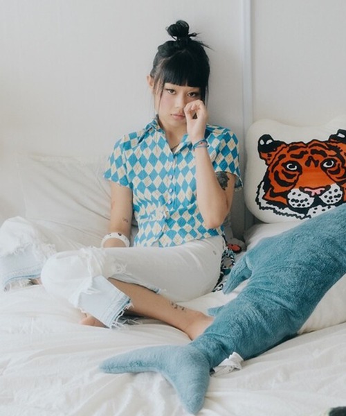 Bonjour Girl(ボンジュールガール)の「【minjiena/ミンジエナ】argyle crop shirt アーガイルクロップシャツ(シャツ/ブラウス・レディース・ピンク/ブルー/グリーン・FREE)」の15枚目の写真