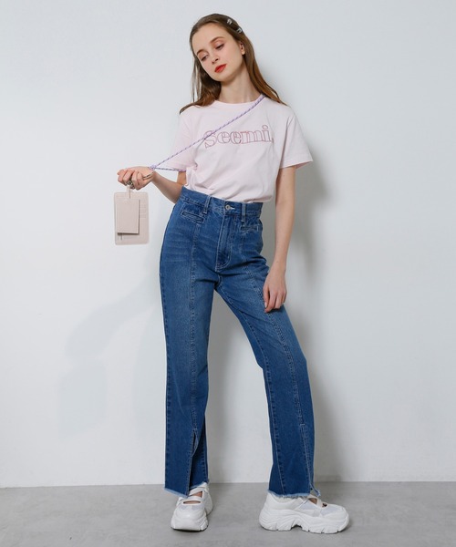 Seemi. byNICECLAUP（ シーミーバイナイスクラップ）の「Seemi スリット入りフレアデニムパンツ（デニムパンツ・レディース・ライトブルー/ネイビー・SMALL/MEDIUM）」の13枚目の写真