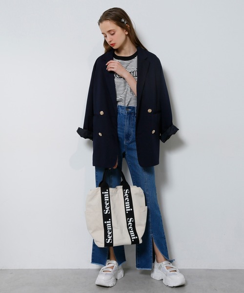 Seemi. byNICECLAUP（ シーミーバイナイスクラップ）の「Seemi スリット入りフレアデニムパンツ（デニムパンツ・レディース・ライトブルー/ネイビー・SMALL/MEDIUM）」の15枚目の写真