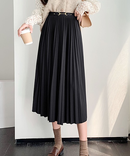 Primazel（プリマゼル）の「ウエストマーク ミモレ丈 プリーツスカート（スカート・レディース・ブラック/モカ・M）」の3枚目の写真