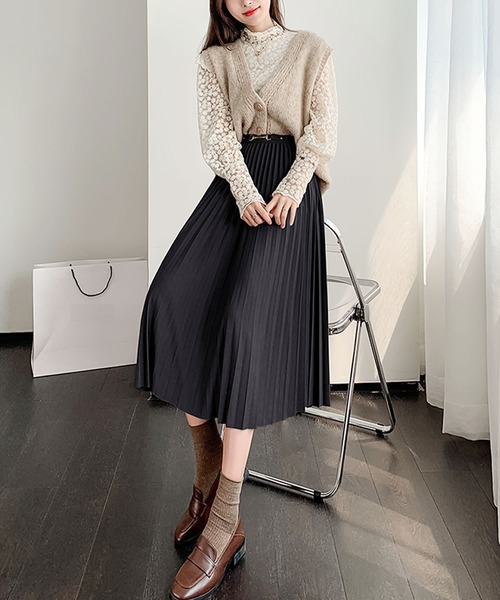 Primazel（プリマゼル）の「ウエストマーク ミモレ丈 プリーツスカート（スカート・レディース・ブラック/モカ・M）」の5枚目の写真