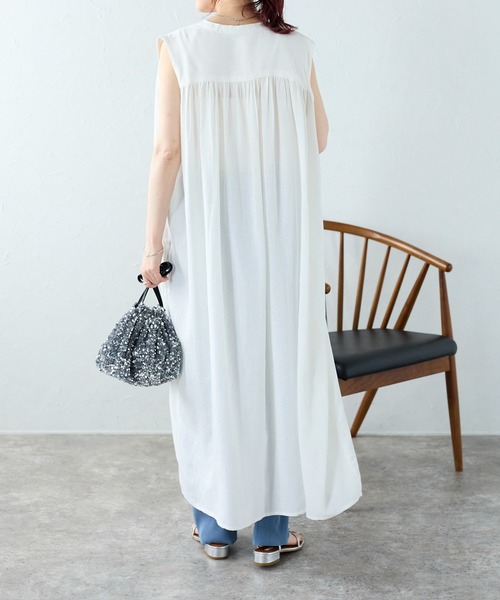 Fizz/フィズ】 綿麻混スタンドカラーギャザーシャツワンピース（シャツ