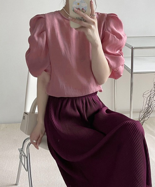 me+em select（ミームセレクト）の「※【 8color ／ 2size 】シャーリングパフスリーブグロッシーシアーブラウス（シャツ/ブラウス・レディース・モスグリーン/ミント/パープル/ベージュ/ピンク/ライトイエロー/ブラック/ブルー・FREE/LARGE）」の11枚目の写真