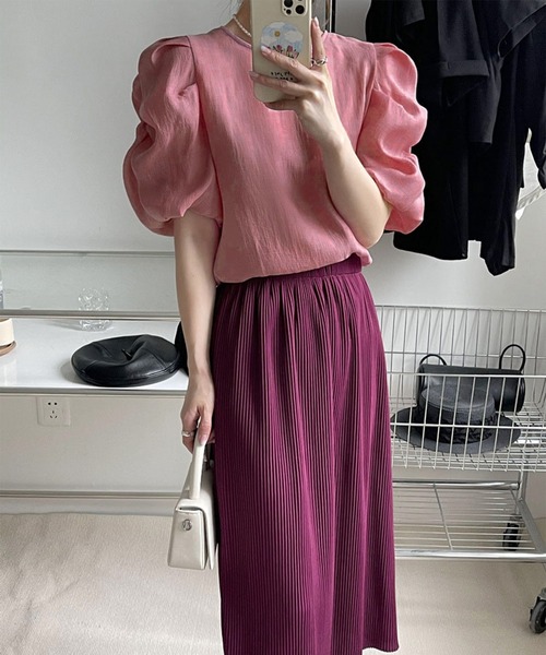 me+em select（ミームセレクト）の「※【 8color ／ 2size 】シャーリングパフスリーブグロッシーシアーブラウス（シャツ/ブラウス・レディース・モスグリーン/ミント/パープル/ベージュ/ピンク/ライトイエロー/ブラック/ブルー・FREE/LARGE）」の9枚目の写真