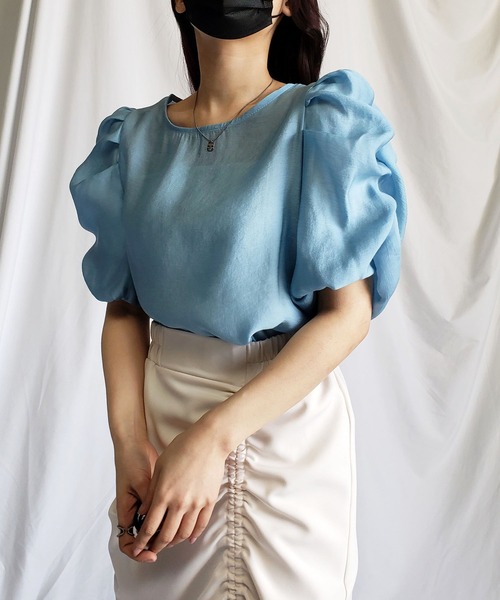 me+em select（ミームセレクト）の「※【 8color ／ 2size 】シャーリングパフスリーブグロッシーシアーブラウス（シャツ/ブラウス・レディース・モスグリーン/ミント/パープル/ベージュ/ピンク/ライトイエロー/ブラック/ブルー・FREE/LARGE）」の20枚目の写真