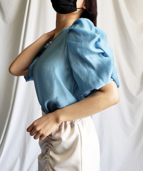 me+em select（ミームセレクト）の「※【 8color ／ 2size 】シャーリングパフスリーブグロッシーシアーブラウス（シャツ/ブラウス・レディース・モスグリーン/ミント/パープル/ベージュ/ピンク/ライトイエロー/ブラック/ブルー・FREE/LARGE）」の21枚目の写真