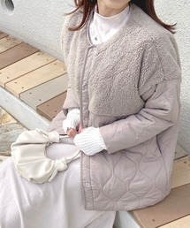 ボアキルトミドル丈ノーカラーブルゾン